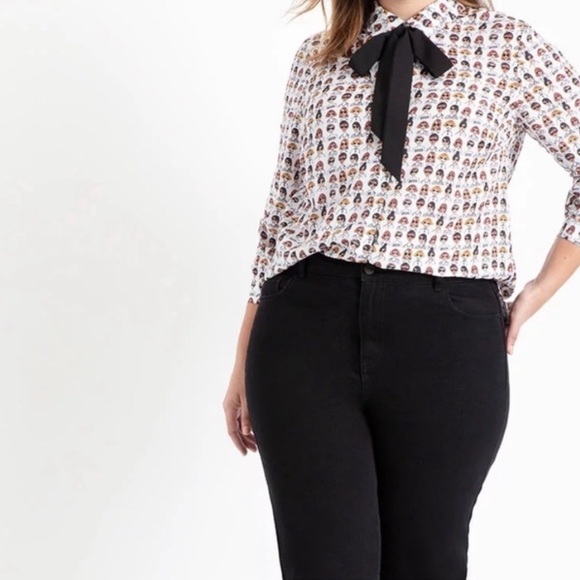 ELOQUII Printed Tie-Neck Women’s Face Diversity Button Front Blouse Size 26 - Picture 1 of 9